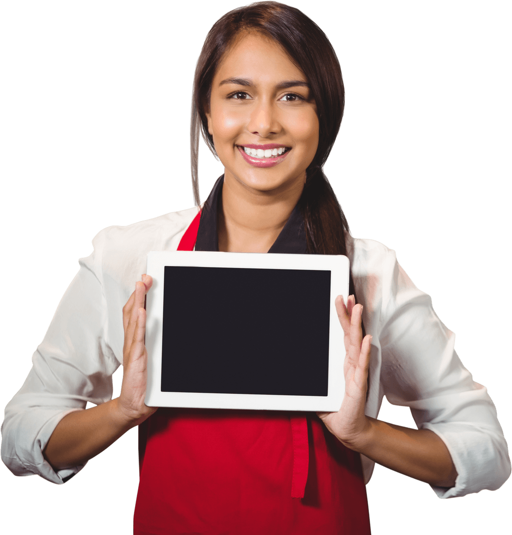 Smiling Woman in Red Apron Holding Transparent Tablet Screen
