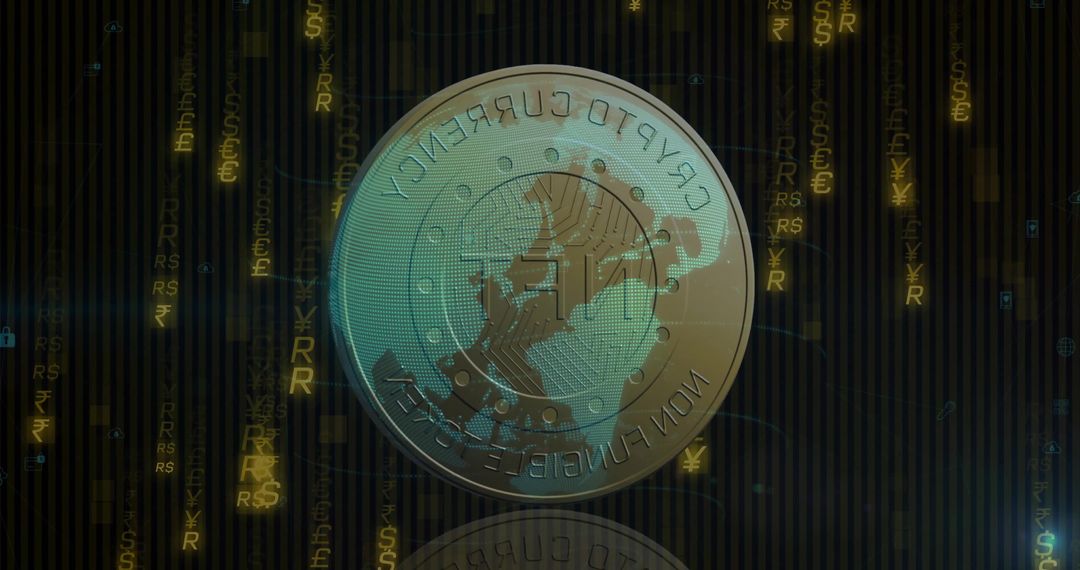 Floating Cryptocurrency NFT Coin with Global Finance Symbols