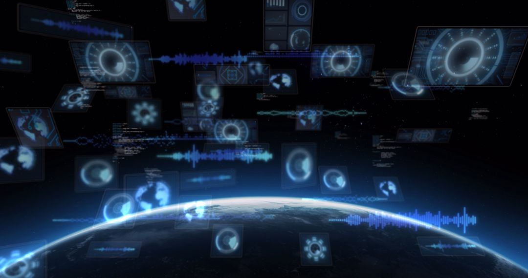 Futuristic Digital Interface Over Earth with Data Displays