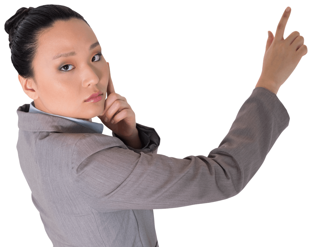 Asian Businesswoman Pointing Upwards on Transparent Background