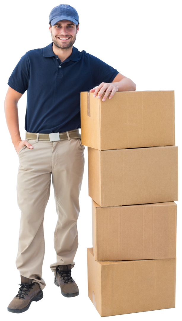 Transparent Happy Male Delivery Worker with Stack of Cardboard Boxes - Download Free Stock Images Pikwizard.com