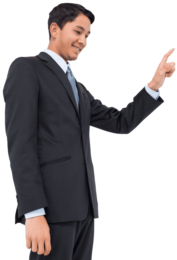 Happy Asian Businessman Pointing Upwards on Transparent Background