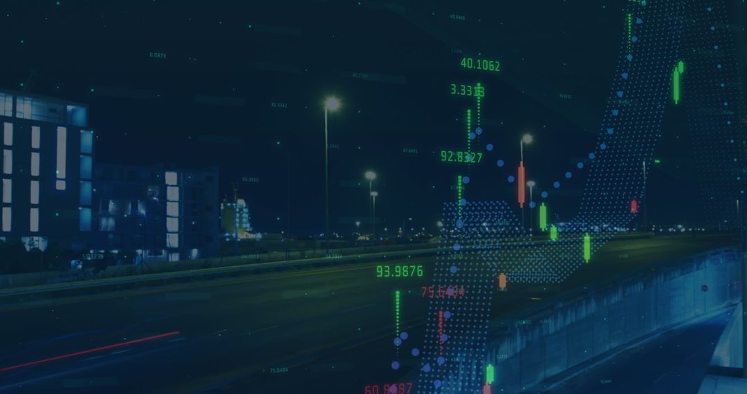 Financial Graphs Intersecting Urban Nightscape with Algorithm Process