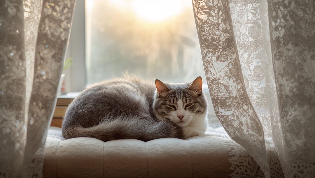 Sunlit Tabby Curling on Padded Windowsill Cushion with Lace Curtains, Cozy Morning Calm