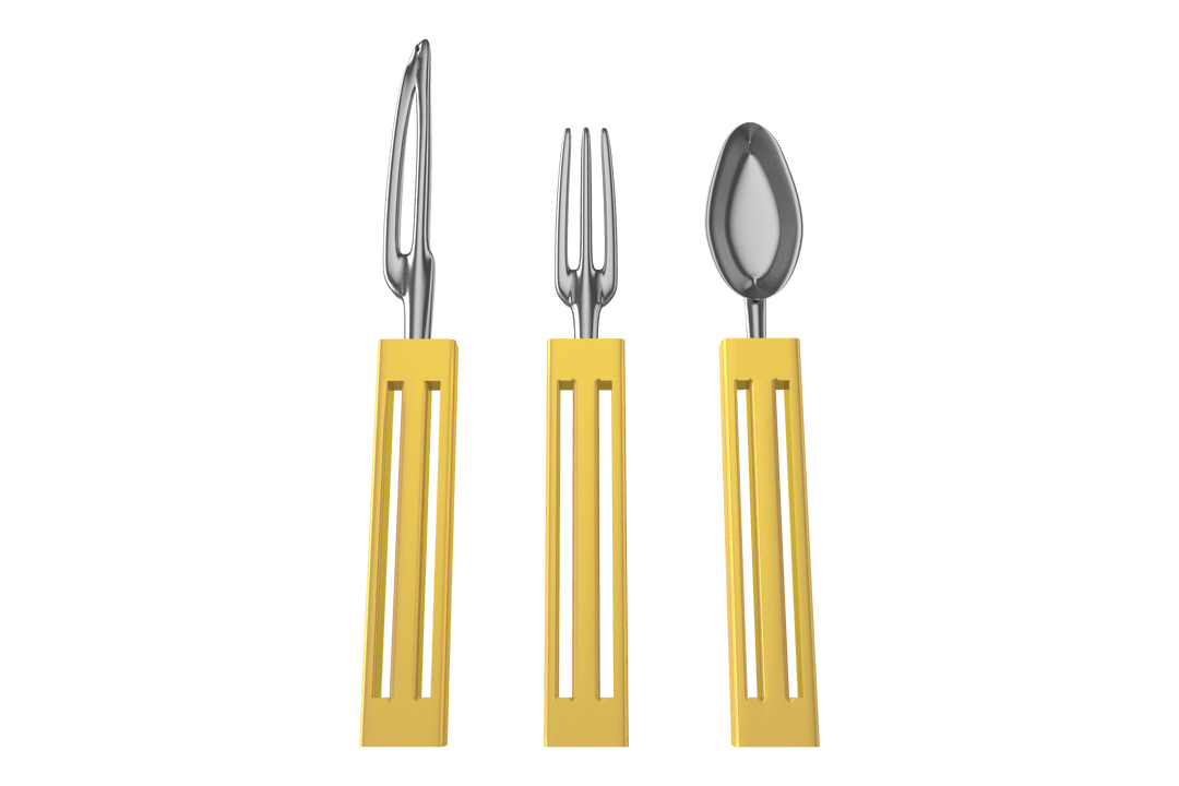 Elegant Cutlery Set with Yellow Opaque Handles Displayed Transparently
