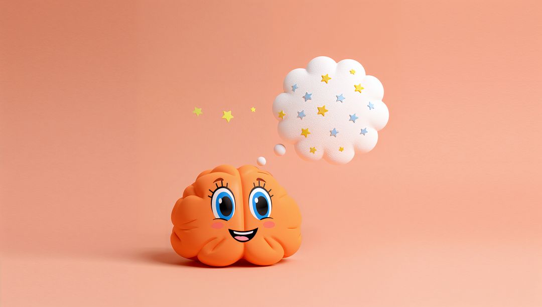 Cheerful Cartoon Brain with Starry Thought Bubble on Peach Background