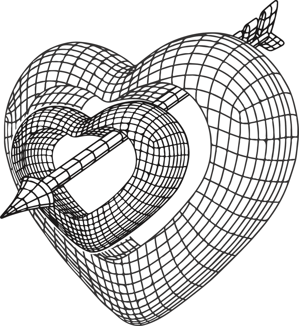 3D Wireframe Heart and Arrow on Transparent Background