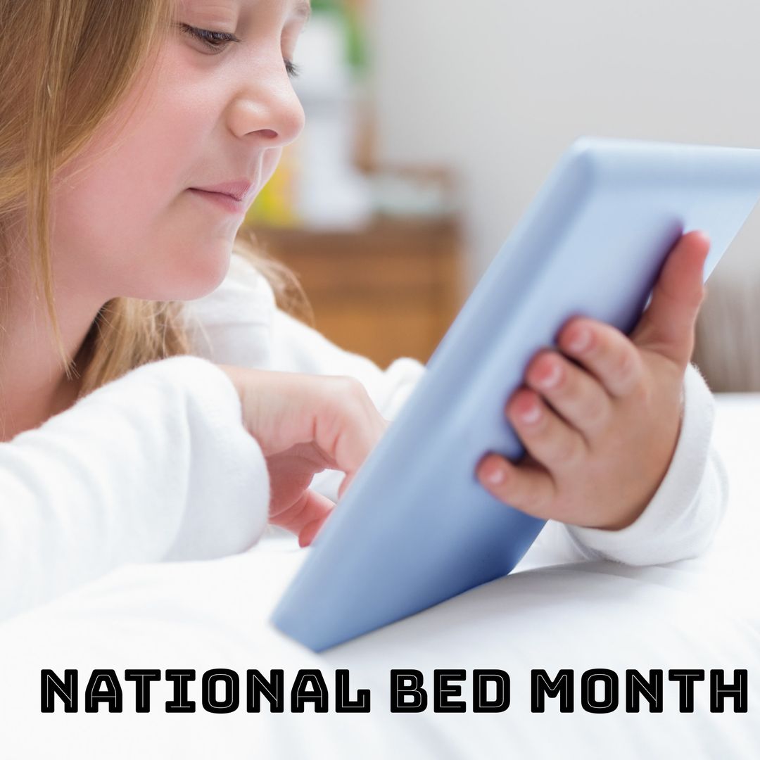 Child Using Tablet in Bed During National Bed Month