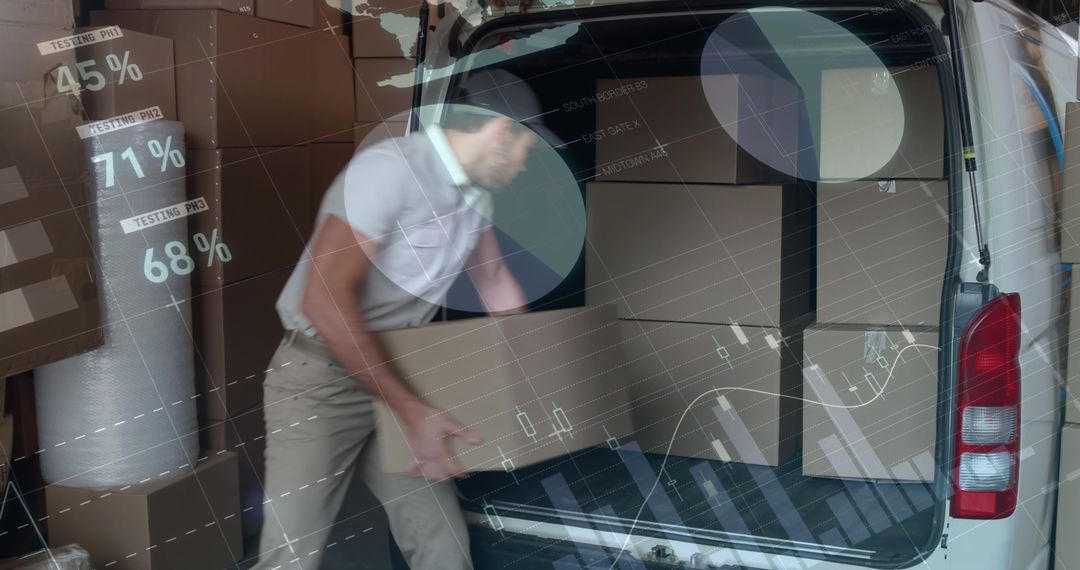 Warehouse Worker Loading Boxes into Delivery Van with Infographic Overlay - Free Images, Stock Photos and Pictures on Pikwizard.com