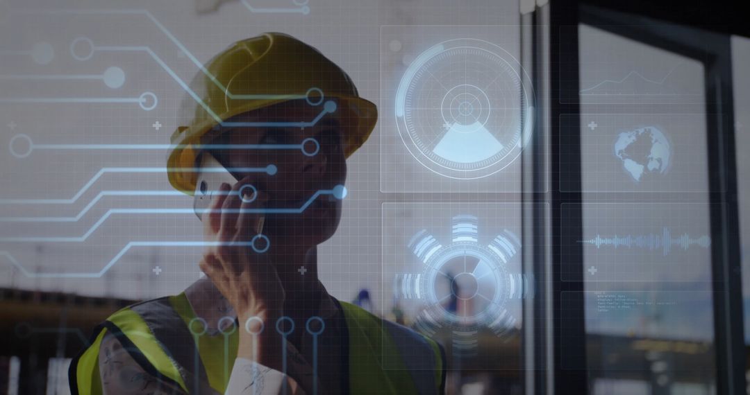 Construction supervisor communicating with futuristic digital overlays