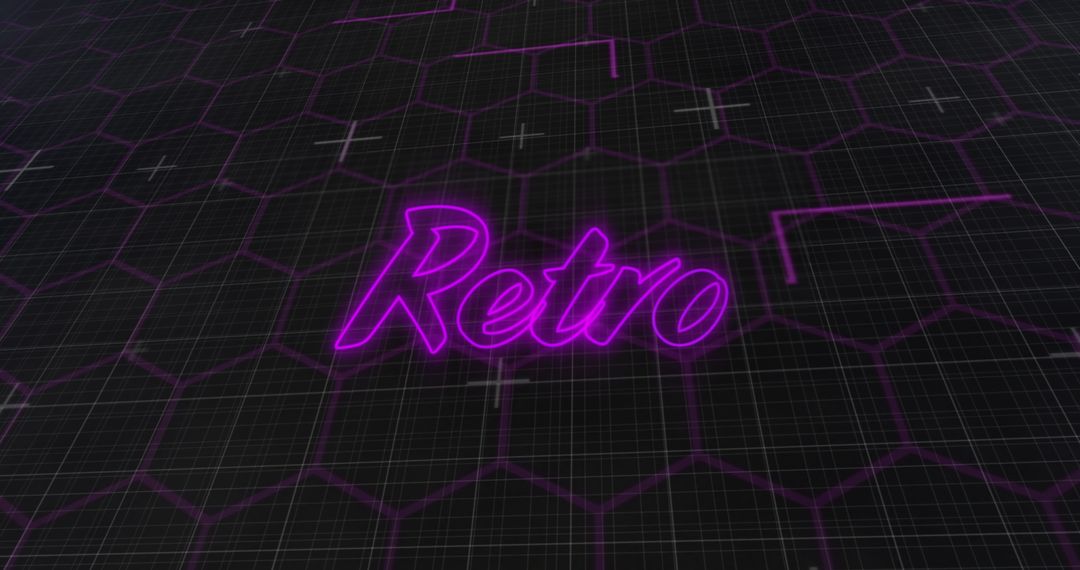 Glowing Purple Retro Neon Text Over Hexagon Grid Background
