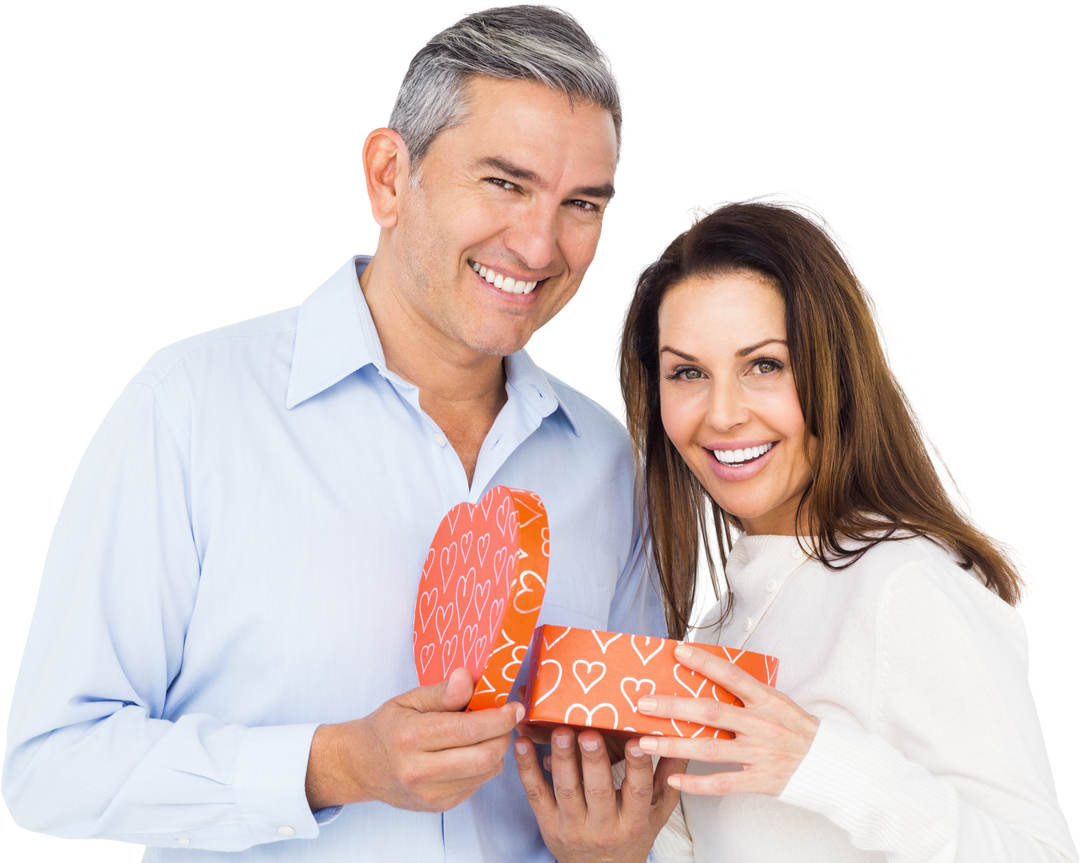 Happy middle-aged couple opening a present with hearts on packaging, transparent background - Download Free Stock Images Pikwizard.com