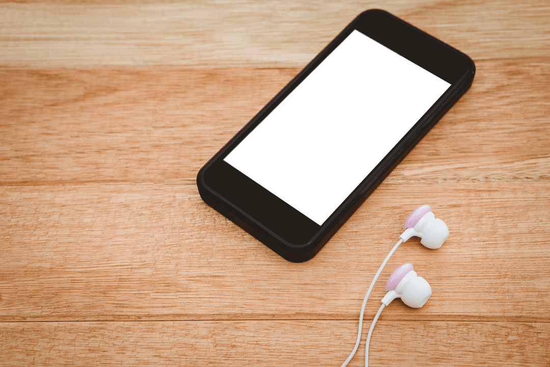 Transparent Display Smartphone and Earbuds on Wooden Surface