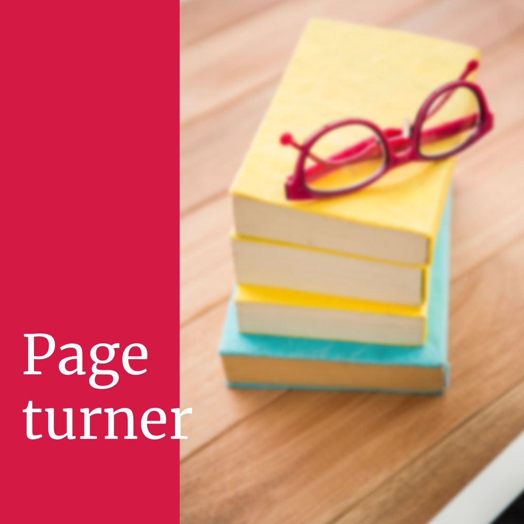 Stack of Colorful Books and Red Glasses on Wooden Surface