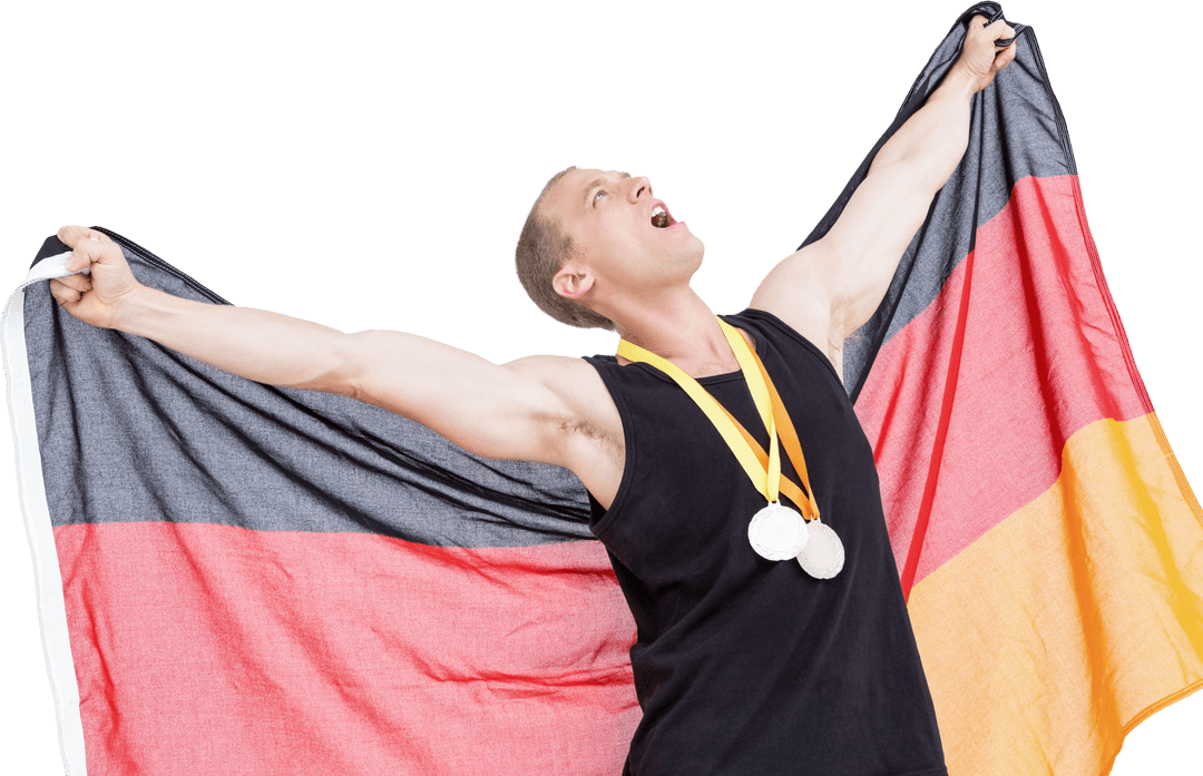 Triumphant Athlete with Medals and German Flag on Transparent Background
