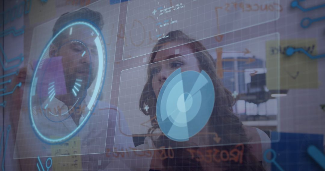 Team Analyzing Futuristic Data Interface in Modern Office