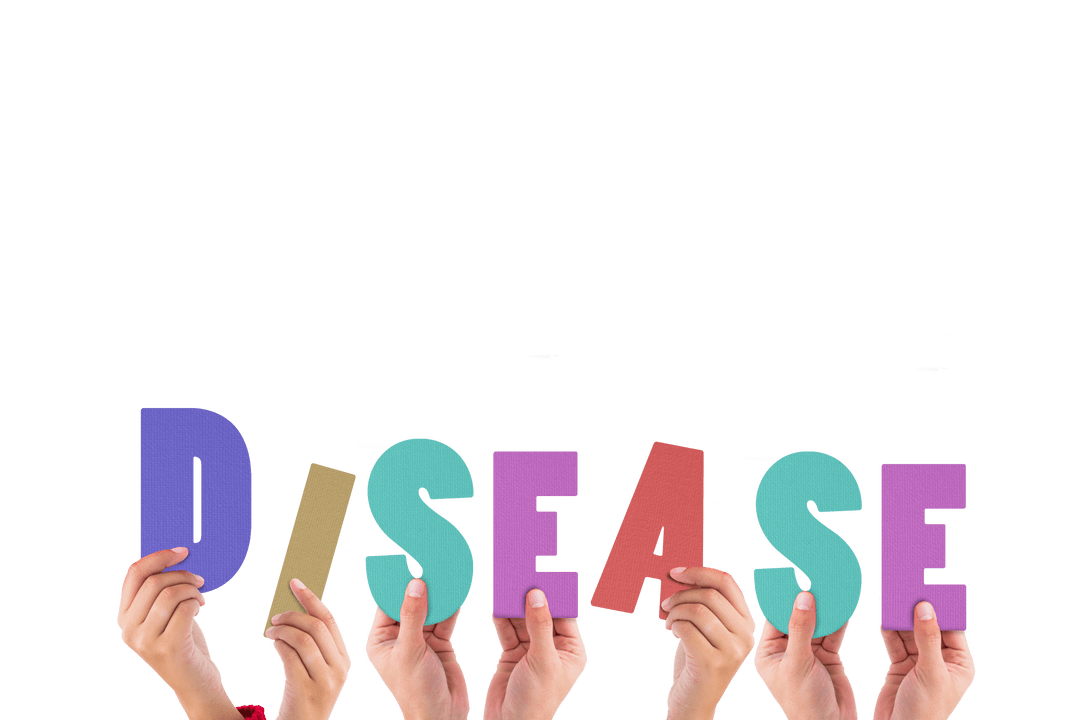 Hands Holding Disease Text on Transparent Background, Symbolizing Illness