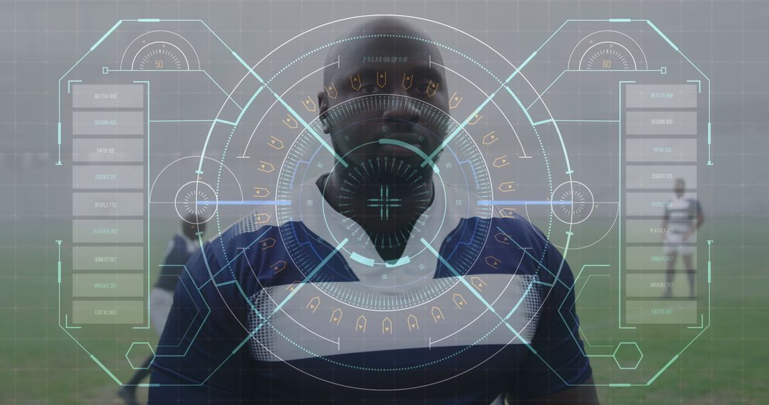 Futuristic Digital Interface Overlay on Rugby Player