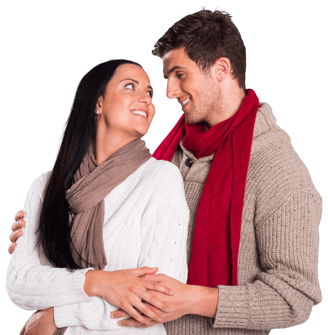 Transparent Smiling Couple Embracing in Warm Attire