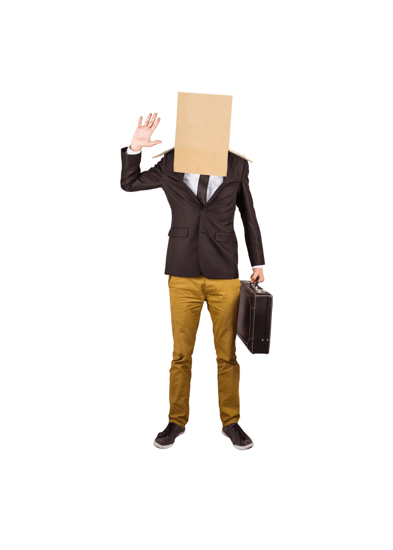Transparent Businessman with Box on Head and Briefcase