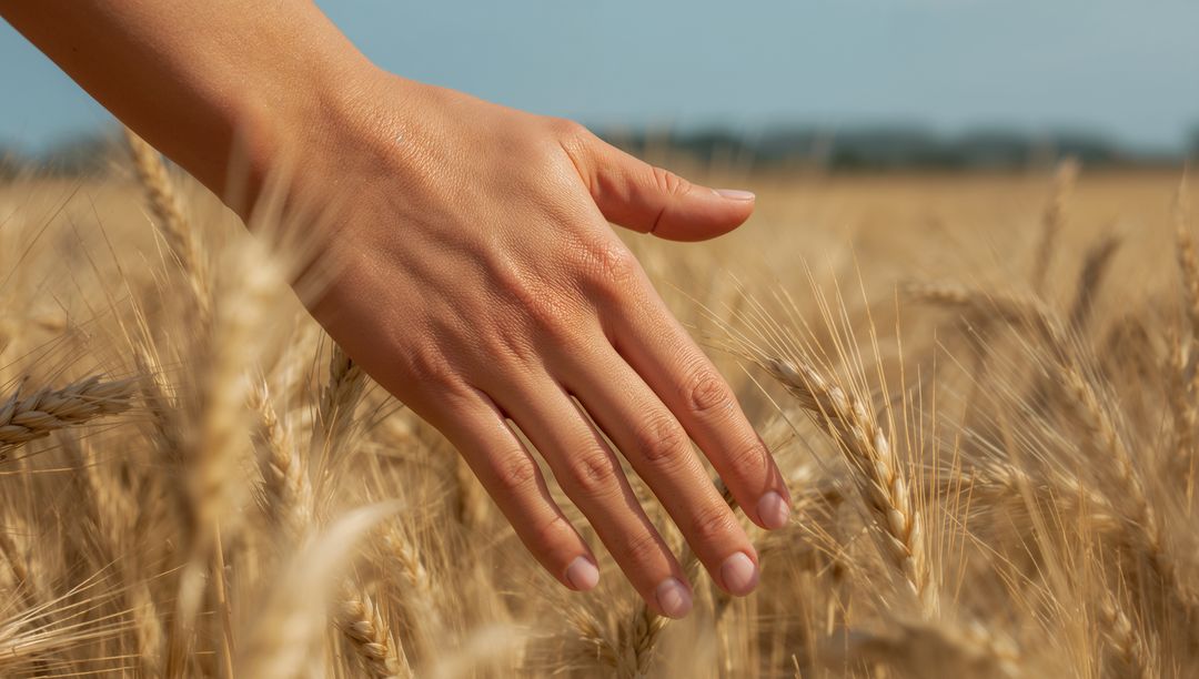 Right Hand Gliding Through Sunlit Golden Wheat Field Under Clear Blue Sky