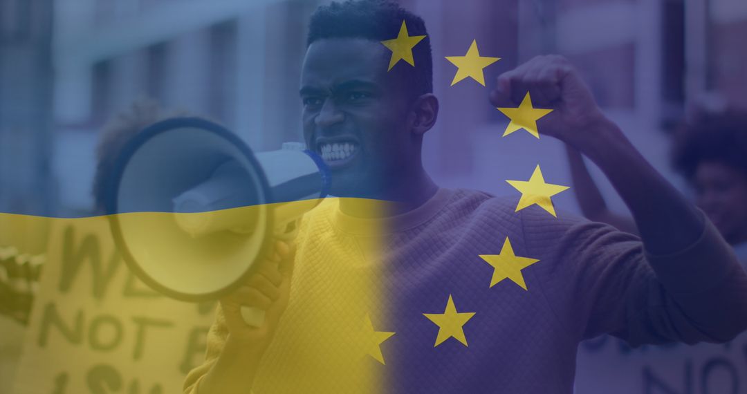 African American Male Protesting with Mixed Overlay of Ukrainian and EU Flags - Free Images, Stock Photos and Pictures on Pikwizard.com