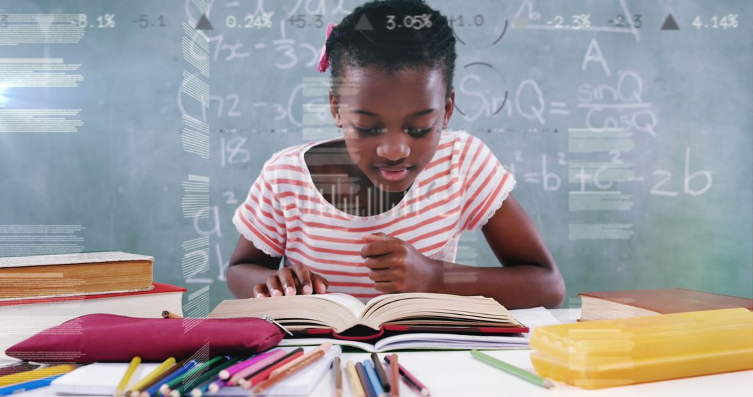 African American Schoolgirl Studies Alone with Abstract Math Background
