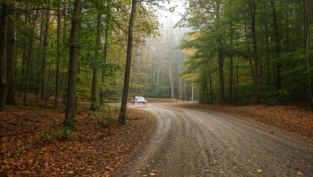 Rally Car Drifting on Dusty Forest Track in Autumn