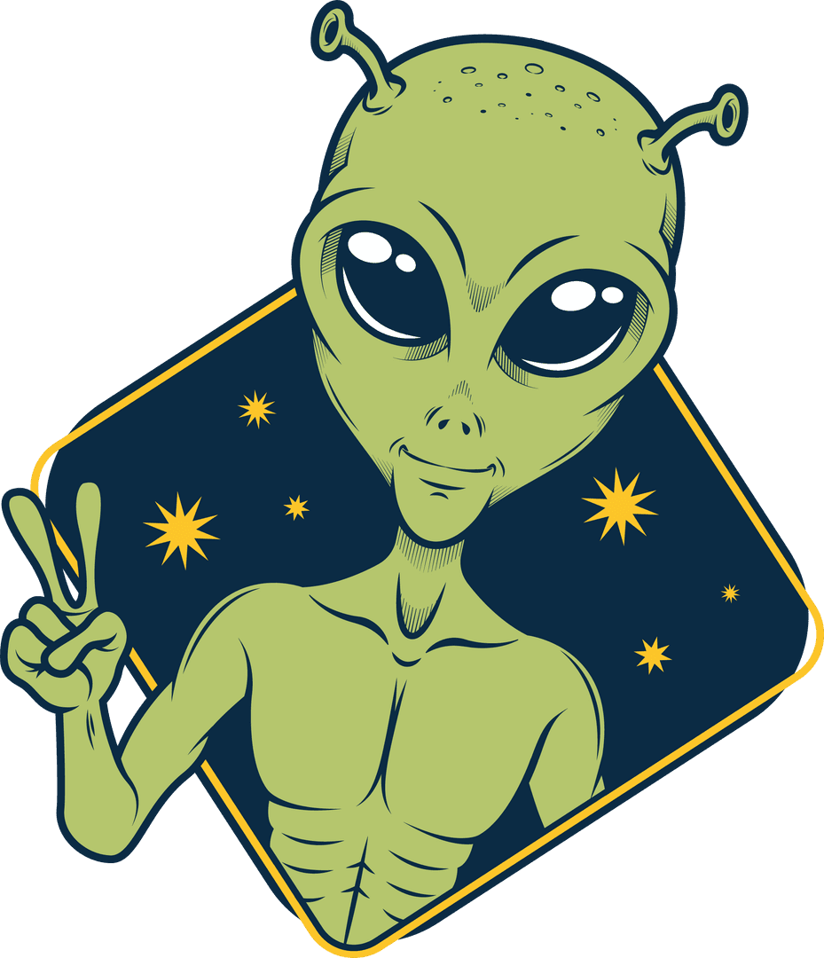 Transparent Background Alien Making Peace Sign in Starry Frame