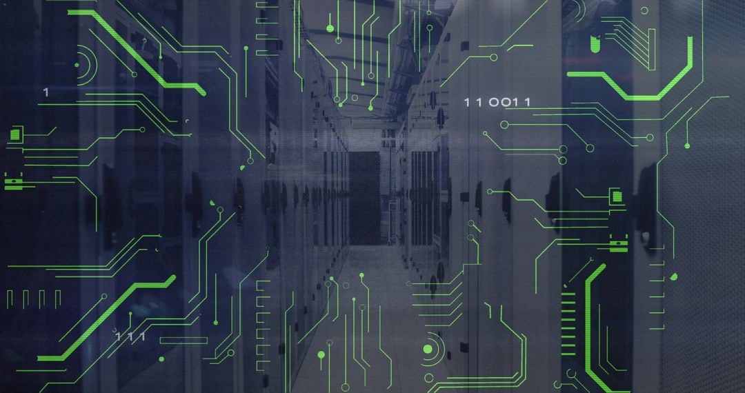 Futuristic Data Center with Green Circuit and Binary Overlay