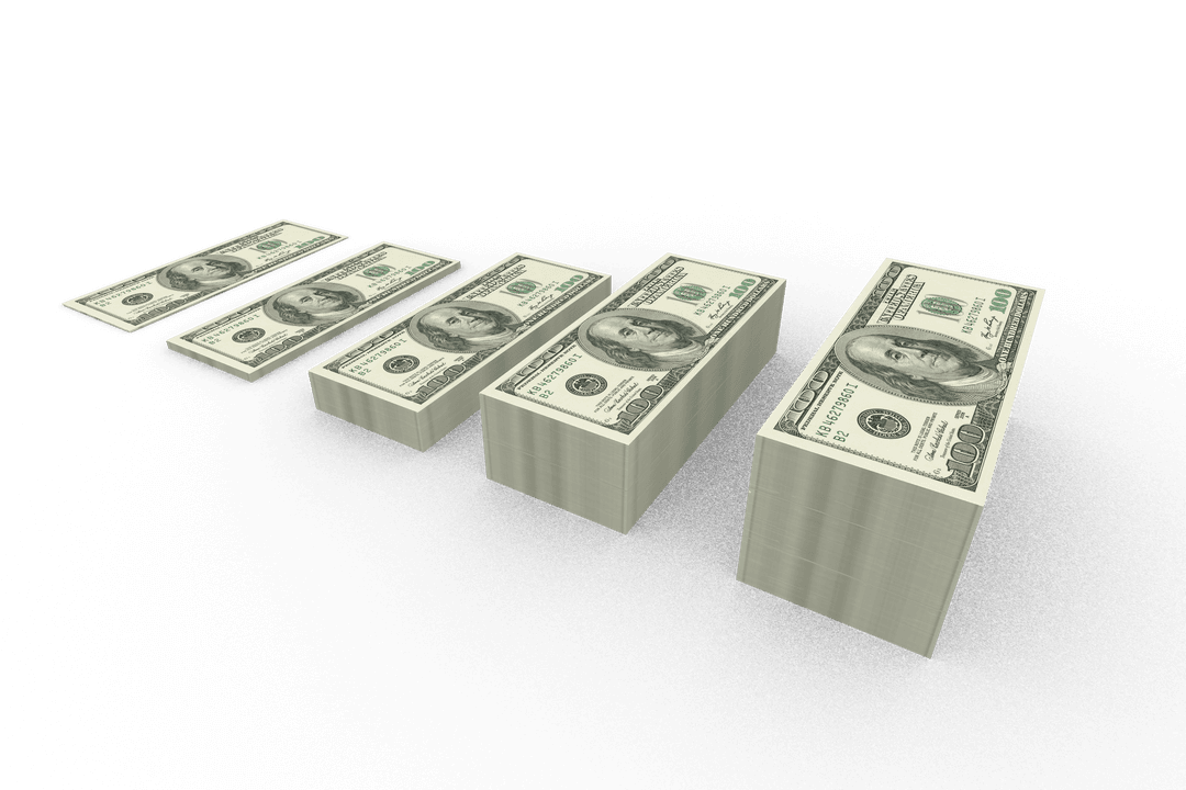 Stacks of Cash Increasing Sizes on Transparent Background