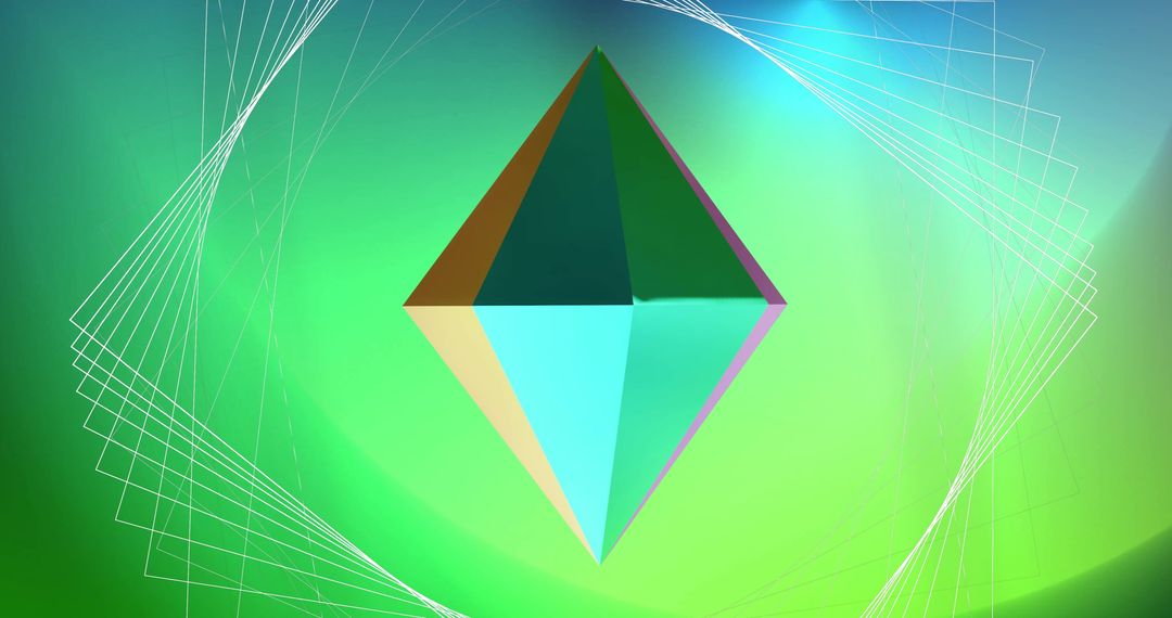 Futuristic Network Structure with 3D Spinning Diamond on Green Background