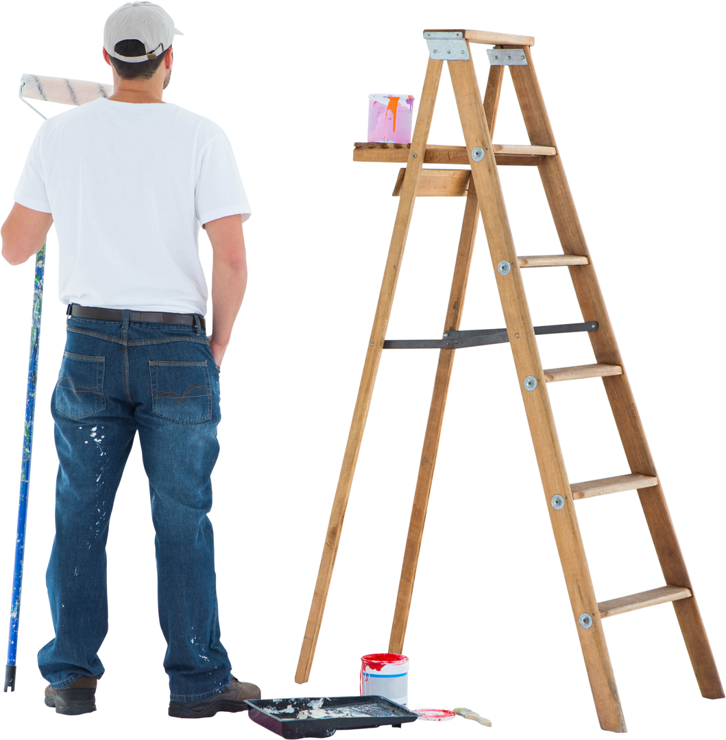 Back View of Painter Holding Roller Next to Ladder on Transparent Background - Download Free Stock Images Pikwizard.com