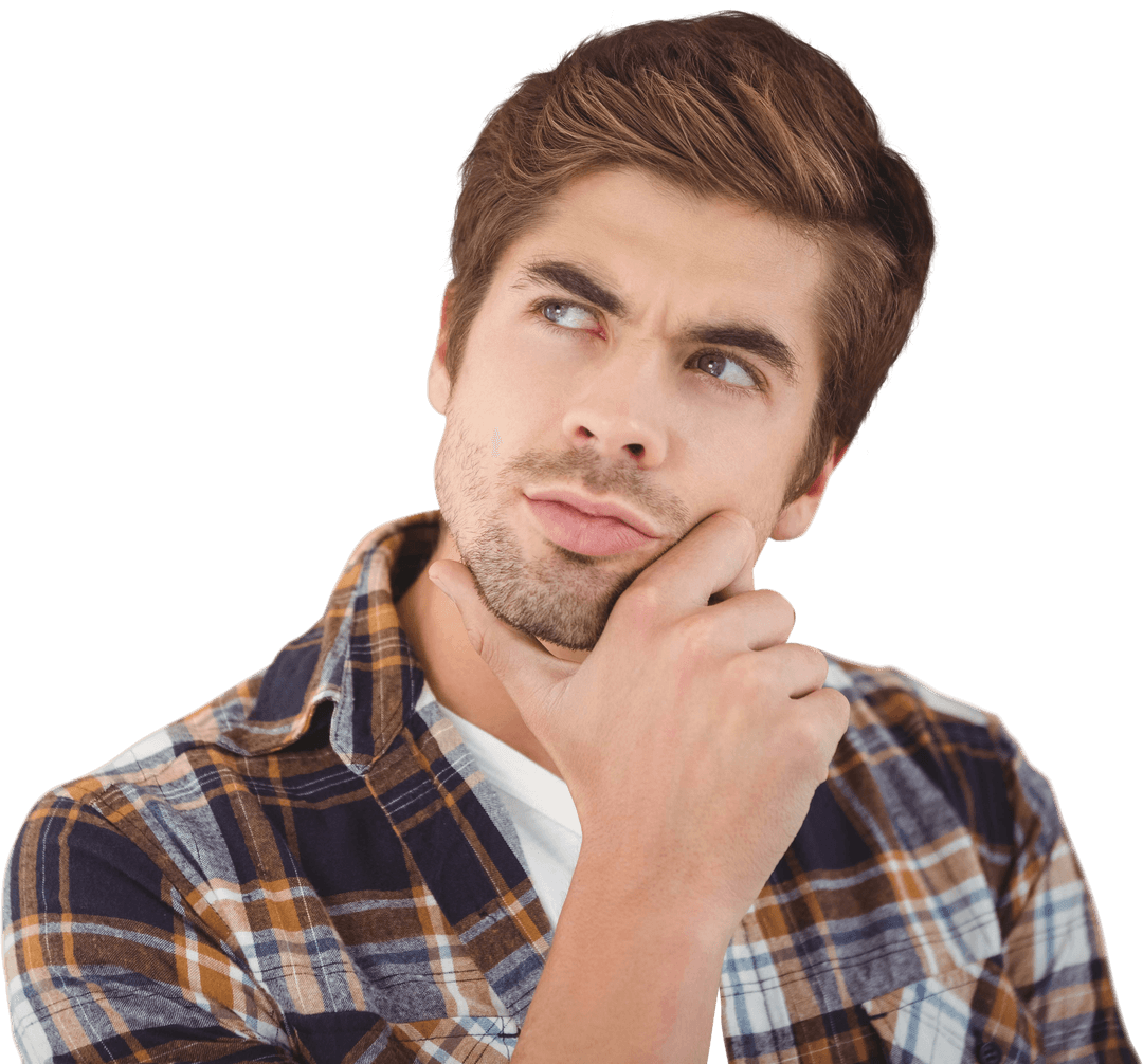 Thoughtful Man in Plaid Shirt Portrait on Transparent Background