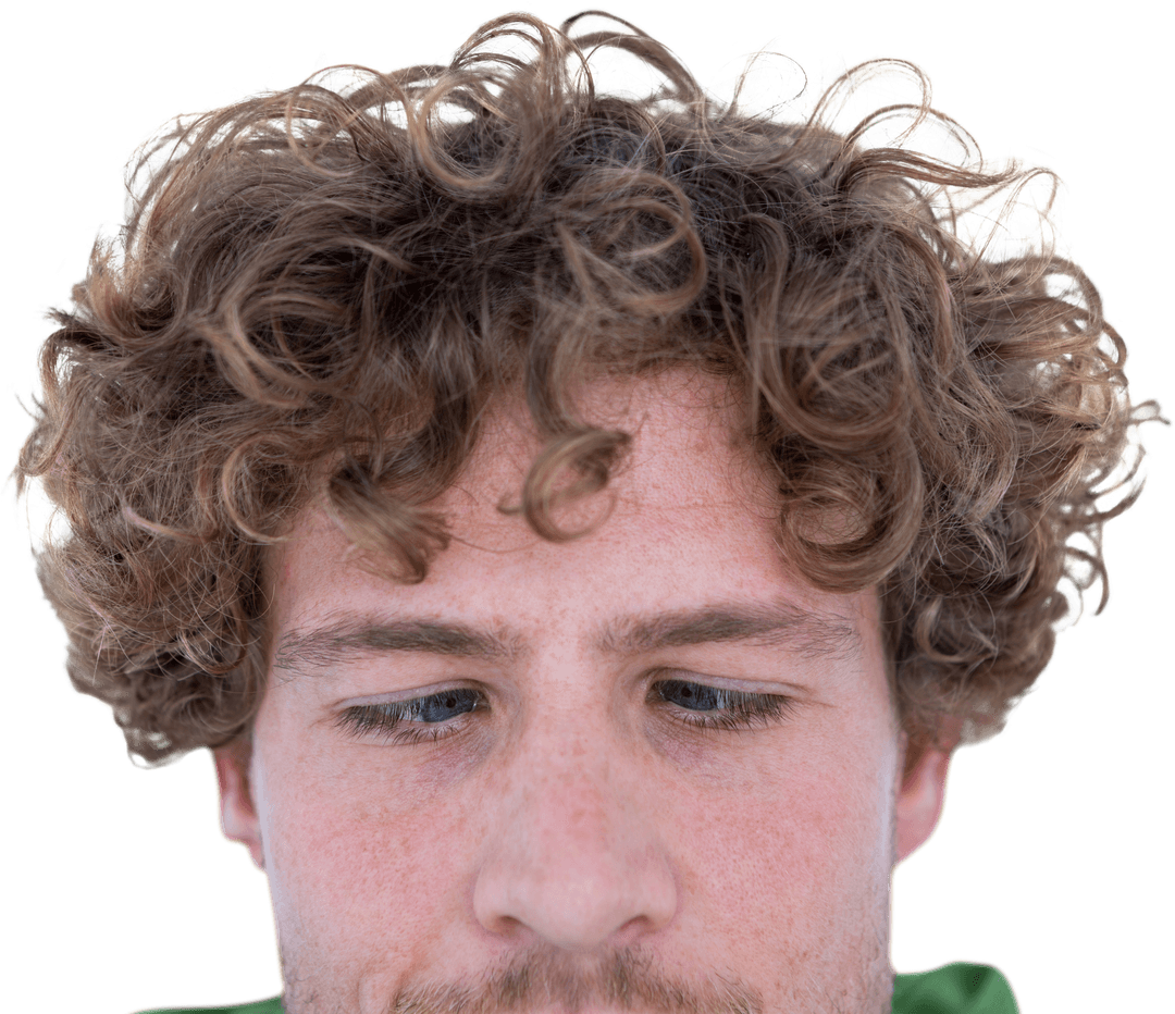 Transparent Curly Haired Man Making Grimace on White Background