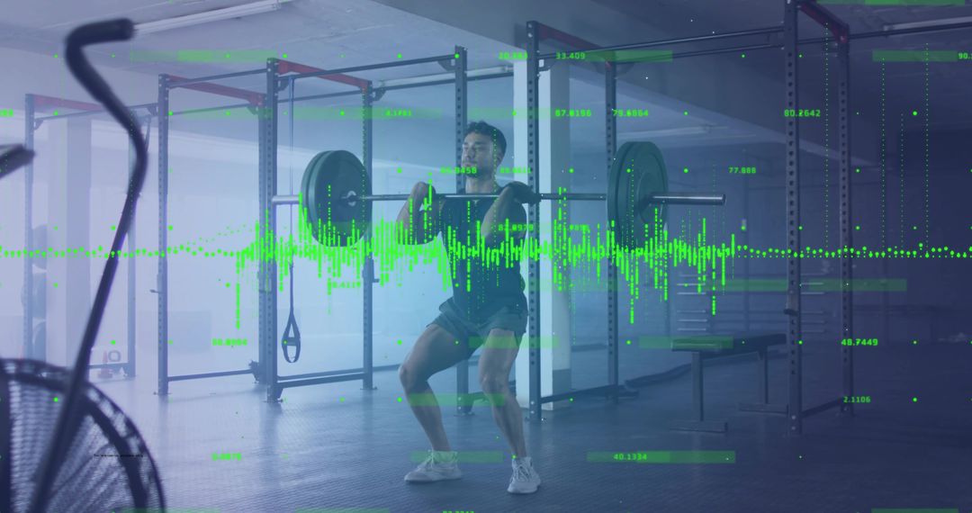 Man Squatting With Barbell and Digital Metrics Overlay in Gym