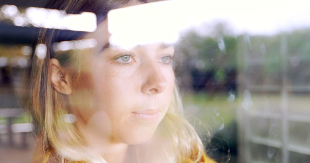 Pensive Young Woman Looking Through Window Reflecting Sunlight - Free Images, Stock Photos and Pictures on Pikwizard.com