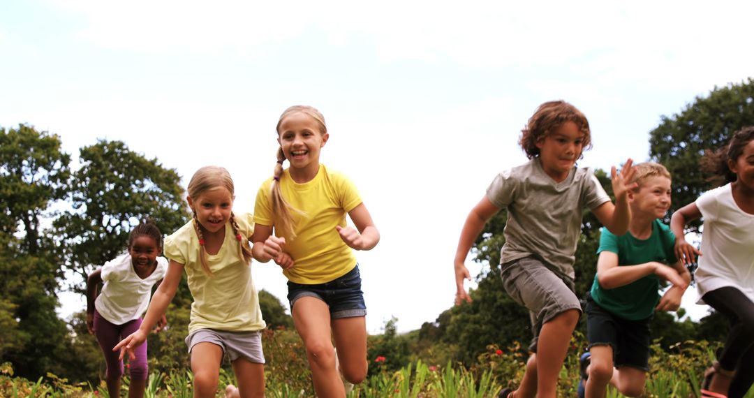 Group of Happy Children Running Outdoors in Park on Sunny Day - Free Images, Stock Photos and Pictures on Pikwizard.com