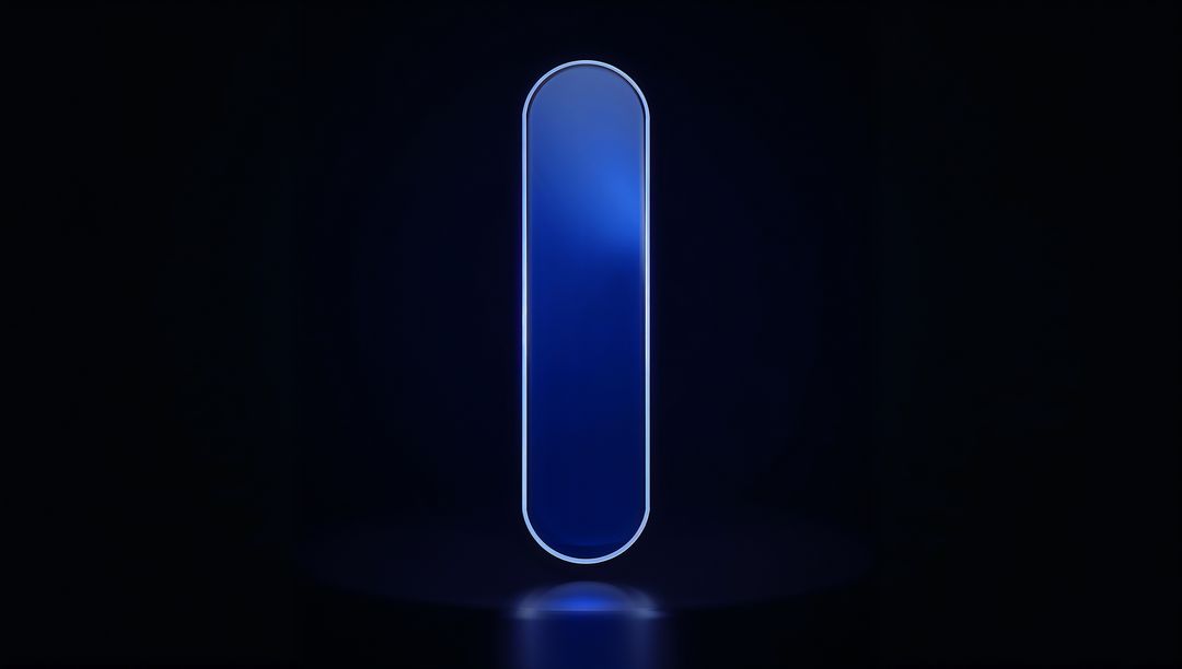 Floating Glowing Blue Capsule Above Round Pedestal with Rim Light and Reflective Halo