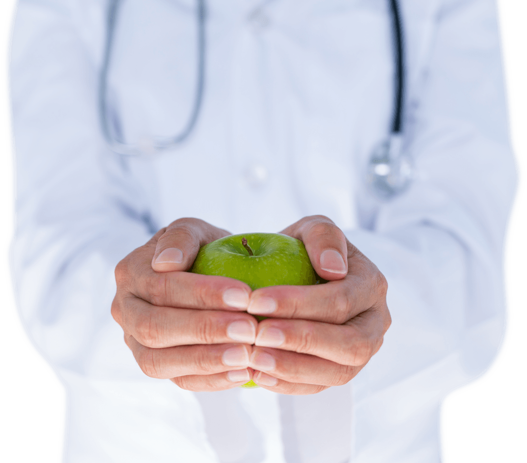 Female Doctor Holding Green Apple on Transparent Background