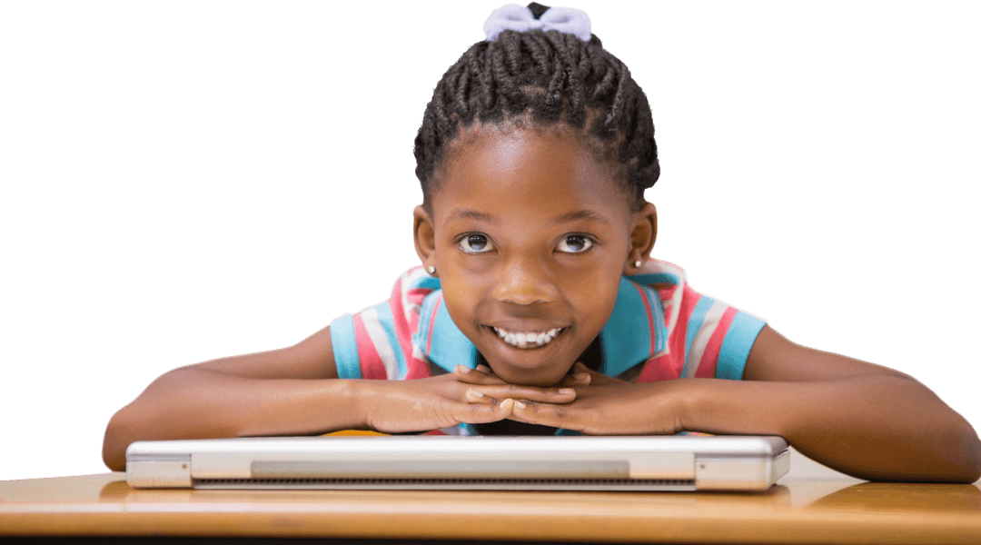 Smiling Black Girl Leaning on Desk Showing Laptop Transparent Background