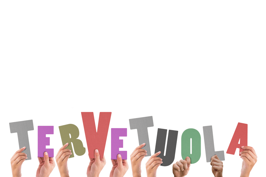 Diverse Hands Holding Tervetuloa Text on Transparent Background