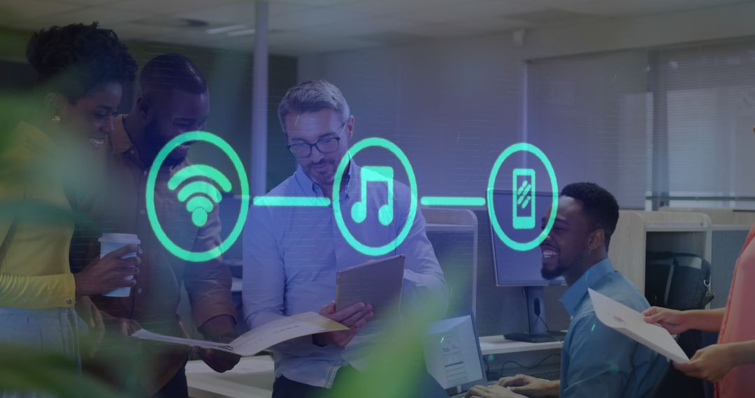 Diverse Business Team with Virtual Data Connectivity Icons