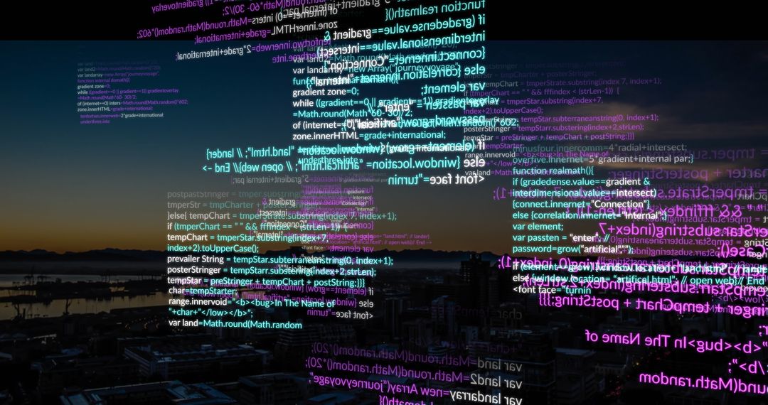 Futuristic Cityscape with Floating Code Overlays at Dusk