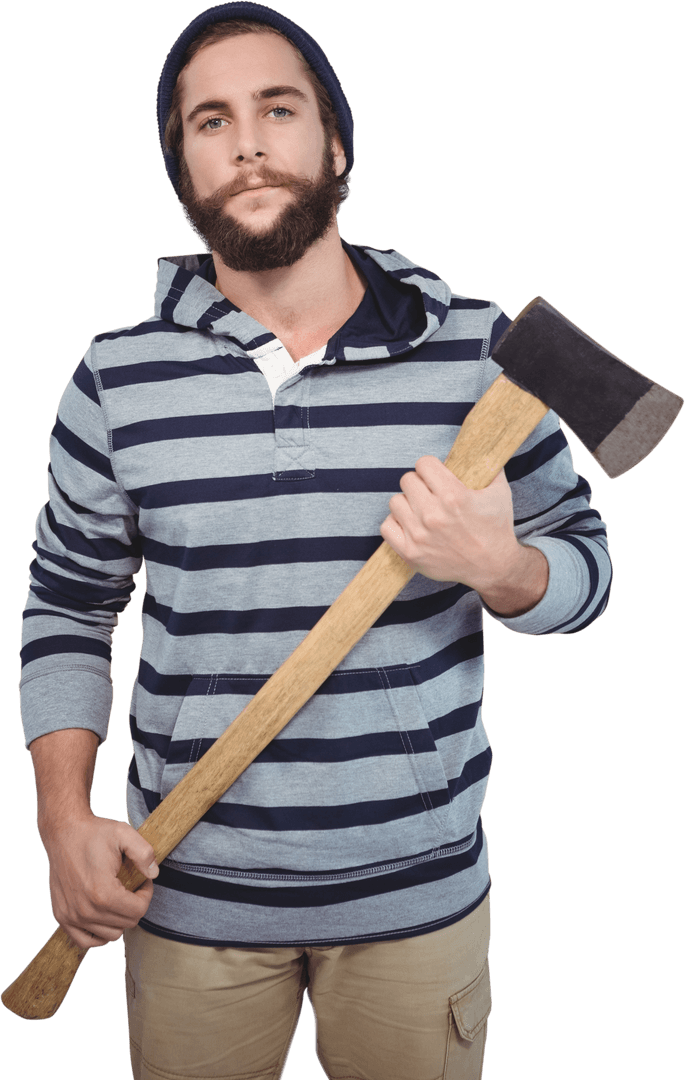 Transparent Confident Hipster Holding Wooden Axe with Striped Hoodie