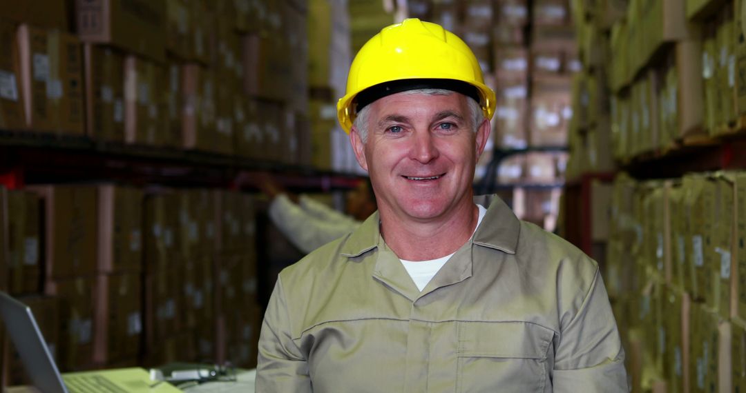 Warehouse Worker Smiling in Protective Hard Hat Surrounded by Boxes - Free Images, Stock Photos and Pictures on Pikwizard.com