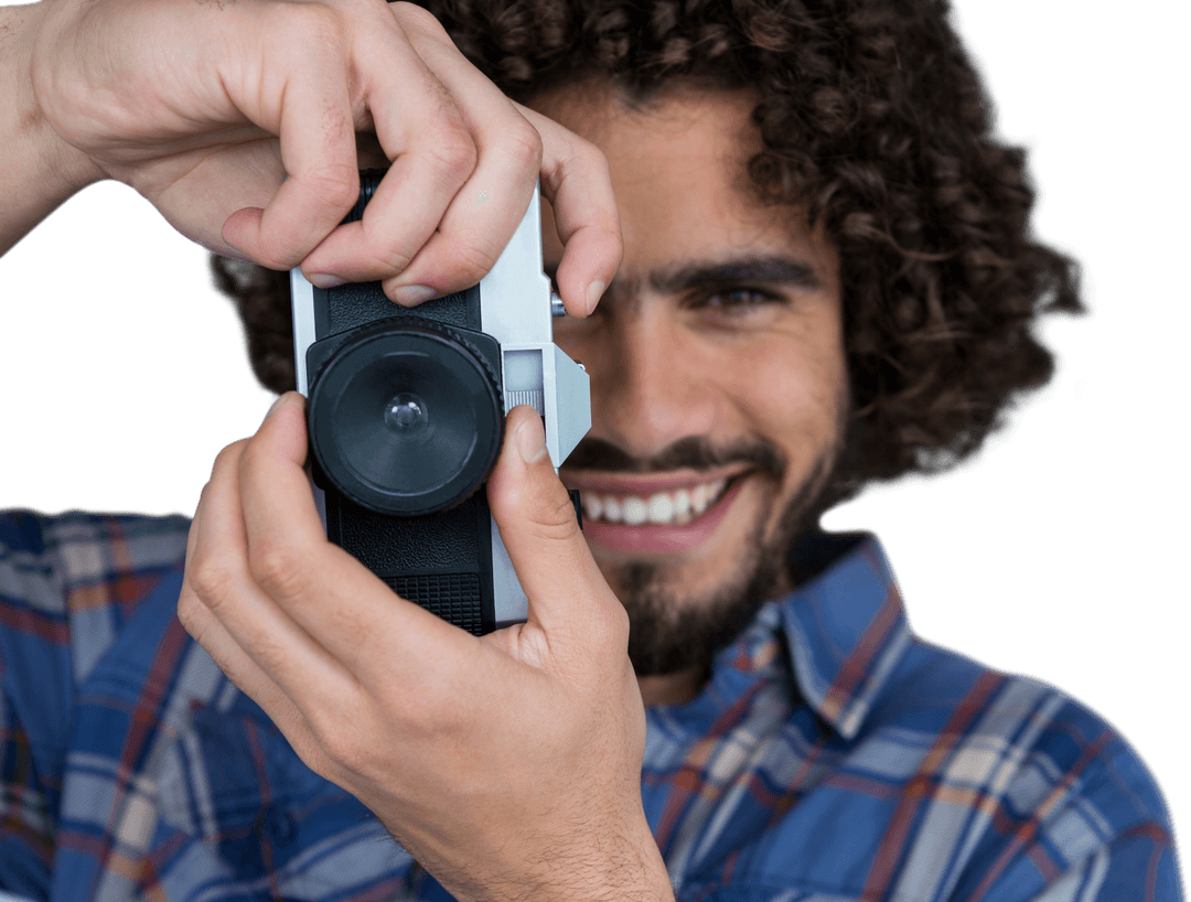 Smiling Photographer with Vintage Camera on Transparent Background