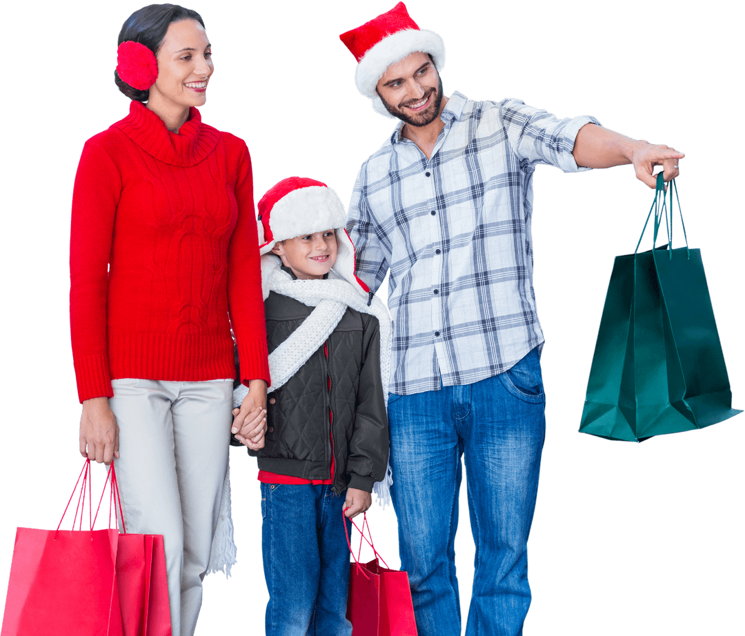 Happy Family Shopping with Santa Hats and Presents Transparent Background