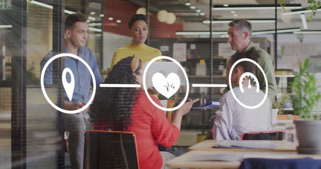Diverse Team Collaborating with Virtual Data Overlay in Modern Office