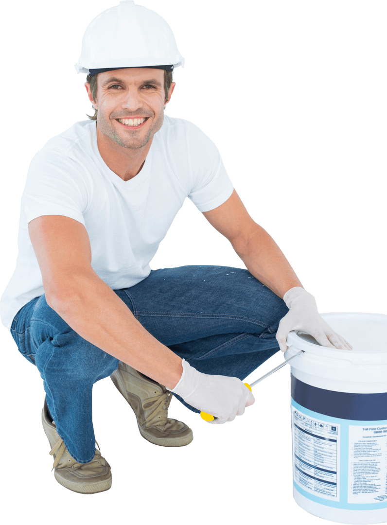 Smiling Worker Opening Paint Pot in Studio, Transparent Background